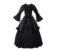GRACEART Medieval Vintage Dress with Flared Sleeves Retro Renaissance Victorian Princess Ball Gown with Hoop Skirt (M, Black)