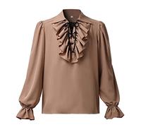 GRACEART Mens Pirate Shirt Ruffle Colonial Shirt Renaissance Poet Frilly Shirt Steampunk Vampire Gothic Costume Khaki