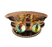 GRACEART Music Festival Burning Man Hat Sequin Military Captain Top Hat Adults Steampunk Headwear Cap with Goggles (Gold-2)