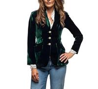 GRACEART Vintage Velvet Jacket Women's V-Neck Slim Fit Slit Blazer Long Sleeves Dressy Coat Retro Casual Suit Green