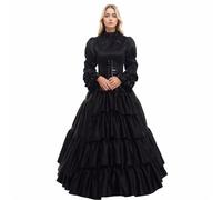 GRACEART Women Medieval Victorian Goth Witch Costume Renaissance Vintage Ruffles Ball Gown with Crinoline and Belt (M, Black)
