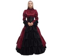 GRACEART Women Medieval Victorian Goth Witch Costume Renaissance Vintage Ruffles Ball Gown with Crinoline and Belt (2XL, Wine Red)