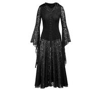 GRACEART Women's Medieval Hooded Dress Gothic Vintage Midi Length Dresses Lolita Lace Halloween Costume Black