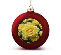 Graceful Yellow Rose Flower Christmas Ball Ornaments - Red Shatterproof Plastic Vintage Rustic Xmas Tree Decorations Pendant for Family Holiday Wedding Party Xmas Hanging Decoration