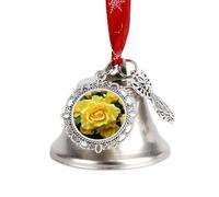 Graceful Yellow Rose Flower Ornaments Silver Christmas Bell Ornaments with Wings & Heart Christmas Metal Jingle Bell Pendant with Red Ribbon for Home,Outdoor and Garden Decoration
