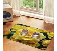 Graceful Yellow Rose Flower Pet Feeding Mat Absorbent Pu Leather Dog Cat Food Mats Contain Spills Protects Floors, Anti-Slip Rubber Backing Dog Bowl Mats Easy Clean Pet Placemats 30x45cm