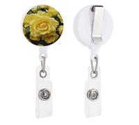 Graceful Yellow Rose Flower Retractable Badge Reel - Personalized ID Name Badge Holder with Lanyard Cute Badges Reel Holder Round Nurse Doctor Name Tag Badges Clip for Work