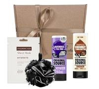Gracehill Gifts Shower Gel Gift Set for Her - Original Source Lavender & Tee Tree and Tropical Coconut & Shea Butter (250ml), Shower Puff + Hyaluronic Acid Face Mask - Pamper Set for Teens & Women