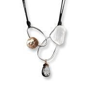 Graci8 necklace, silver necklace with black leather cord, silver & gold shapes with leopard print style droplet necklace for women. The Denise necklace.