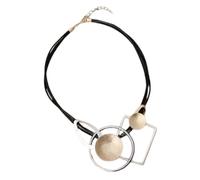 Graci8, silver & gold coloured statement necklace on a 3 strand leather cord, geometric shapes & solids necklace for women. The Cynthia Necklace.