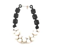 Graci8 women's necklace, white bubble necklace, chunky statement necklace made of off white resin bubbles on a chain of black resin squares that sit around the neck. One size, with adj clasp.