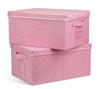 Graciadeco 22.8qt Closet Storage Boxes with Lids Pink Folding Keepsake Storage Bins Stackable Flat Lidded Carboard Storage Contaner for Clothes Barbie Shoes, 2 Pack