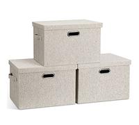 Graciadeco Large 17" 36 Quart Collapsible Stackable Storage Bins with Lids, 3 Packs Beige Linen Fabric Closet Boxes with Lids, Storage Cube Baskets Container Organizers for Bedroom Office(17 x12 x11)