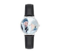 Gracource Custom Couple Photo Watches, 8.6mm Ultra-Thin Flying Saucer Quartz Watches, Genuine Leather Straps, 30 Meters Water Resistance. (40mm Gold, Black2, Leather)