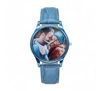 Gracource Customized Photo Watch, the Back of the dial can be Engraved. Made of Alloy Material, it Comes with a Blue Leather Strap. Suitable as a Gift for Father or Boyfriend.