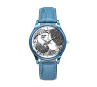 Gracource Customized Photo Wristwatch, Made of Alloy Material and Leather Strap. It has Waterproof Function. Suitable as a Gift for Your Boyfriend or Father. (36mm Black and White line Graph, Blue)