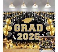Grad Backdrop 2026 Black and Gold Glitter Graduation photography Background Class of 2026 Graduation Banner for School Graduation Party Decorations Photo Studio Props (8x6FT)
