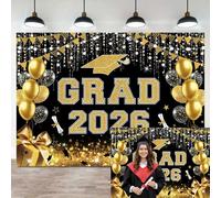 Grad Backdrop 2026 Black and Gold Glitter Graduation photography Background Class of 2026 Graduation Banner for School Graduation Party Decorations Photo Studio Props (7x5FT)