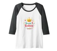 Grade 1 Goddess: Celebrate First Year School Queen Raglan Baseball Tee, Women, Dark Heather/White, XL