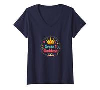 Grade 1 Goddess: Celebrate First Year School Queen V-Neck T-Shirt, Women, Navy, L
