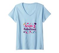 Grade 3 & Fabulous: Fun School Theme for Third Graders V-Neck T-Shirt, Women, Baby Blue, M