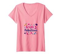 Grade 3 & Fabulous: Fun School Theme for Third Graders V-Neck T-Shirt, Women, Pink, S