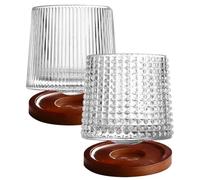 GRADENEVE 2 Sets of Diamond Rotatable Old Fashioned Drink Glasses with Coasters 150ml Capacity Easy to Clean and Store Glass and Wood Material for Bar and Home Use