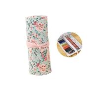GRADENEVE 48holes Canvas Pink Floral Knitting Pencil Roll with Elastic Slots Portable Handmade Storage Organizer for Markers Brushes and Gel Pens Artists and