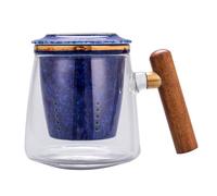 GRADENEVE Ceramic Office Tea Mug with Wooden Handle and Lid 400ml Blue Glass Inner Liner Coffee Cup Easy to Clean and Prevents Scalding for Office Use
