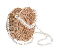 GRADENEVE Pearl Straw Crossbody Bag for Beach Resort Wear Women | Khaki Drawstring Pouch, Lightweight Access, Chain Shoulder Detail, Carry Lipstick or Power Bank