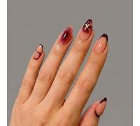 Gradient Almond False Nails with Glossy Burgundy Finish - Short Press On Nails Set Featuring Floral Gold Accents and Black Dots, Elegant Ombre Artificial Tips for Women Parties Weddings and Daily Wear