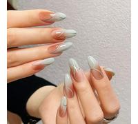 Gradient Almond Press On Nails with Silver Lines - 24Pcs Short False Nails Full Cover Stick On French Tip Fake Design for Women Autumn Manicure Handmade Artificial Acrylic Oval Square Glued