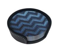 Gradient Blue Denim Coasters for Drinks Set of 6 Absorbent Drink Coaster Heat Resistant Car Coasters PU Leather Coaster with Holder Cup Mat for Coffee Table