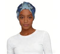 Gradient Blue Denim Print Pre Tied Turban for Women Elastic Headscarf Cap Printed One Size Polyester Vacation Gift