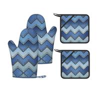 Gradient Blue Denim Printed Kitchen Set with Heat Resistant Oven Mitts & Non-Slip Pot Holders for Baking Grilling