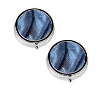 Gradient Blue Denim Round Pill Box Compact 3 Compartment Metal Pill Organizer with Print Design, Portable Travel Medication Case for Daily