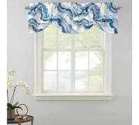 Gradient Blue Gold Marble Tie Up Valances Curtain, Modern Abstract Art Watercolor Marble Beach Waves Adjustable Rod Pocket Short Window Treatment Tie Up Curtains for Kitchen Bathroom 42x18 Inch