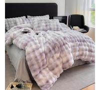 Gradient Color Duvet Cover Set, Luxury Faux Fur Fluffy Bedding Sets 4 Pieces Plush Shaggy Velvet Comforter Cover Set Rainbow Ombre Furry Comforter Set,Green,Queen (Purple Queen)