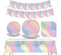 Gradient Diamond Birthday Party Supplies Macaron Glitter Holographic Disposable Tableware Iridescent Party Decorations Paper Plates Napkins Banner Tablecloth for Girl Kid Baby Shower Wedding 10 Guests