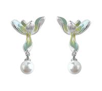 Gradient Enamel Painted Orchid Stud Earrings for Women, with Glass Pearl Decor, Anti-Allergy Silver Plated Copper Needle, Elegant Dainty Jewelry