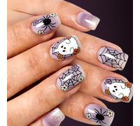 Gradient False Tips Halloween Press-on Set, Character Flower and Web Artwork, 24Piece Short Square Wearable Pieces for Holiday Halloween Manicure Set Lavender Gradient False Tips Web Artwork