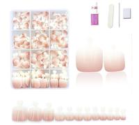 Gradient French Press On Nails Almond Shape Glossy False Nails Kit - 12 Sizes Ombre Manicure Set with Glue, File, Cuticle Pusher & Buffer for Women, Pink & White Design