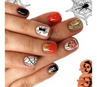 Gradient Glitters Press On Nails Halloween Pumpkin Bat Motifs Comfort Fit Artificial Nails With Quick Apply Halloween Fake Nail