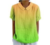 Gradient Green Womens Summer Tops Peter Pan Collar Blouses Short Sleeve Linen Shirt Plus Size Dressy Tops Casual Loose Fit Tees Ladies Linen Outfits Colorblock Cute Kawaii Tops 5XL