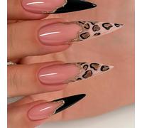 Gradient Leopard French Tip Press On Nails Long Tapered Almond Shape - 24PCS Handmade Reusable Fake Nails For Women Summer Party Daily Wear Easy Application No Tools Needed