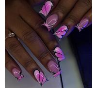 Gradient Manicure Set Butterfly Artwork, Long Square Press-Ons, ABS Gloss Texture, Easy Removal Design for Daily Date Dressing Full Cover Fake Nails Stick on Nails Glues on French Tip Fake False
