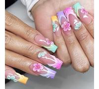 Gradient Manicure Set with French Tip Edges, 3D Flower Bead and 24 Pieces, ABS False Tips for Fast Beauty Changes and Social Plans False Tips French Tip Gradient Floral Manicure Pastel Bead