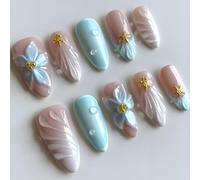 Gradient Nude Pink and Blue Press on Nails With Long Almond Shape 3D Flower Design Pearl Water Drops Gold Stars Full Cover Stick on Acrylic Nails For Elegant Ocean-Inspired Style
