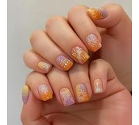 Gradient Orange To Lavender Artificial Nail Tips With White Floral And Geometric Designs - Short Square Glossy Press On Nails For Women, 24Pcs Set For Party And Daily Wear, Easy Application, Durable