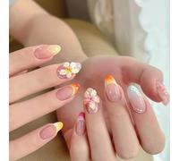 Gradient Pink Orange Floral Press on Nails with 3D Flowers & Pearls - Almond Shape Medium Length False Nails for Women, Reusable Manicure Glue on Short Square Coffin Design Candy Claws French Tip